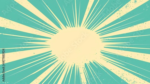A retro grunge textured sunburst pattern with radiating yellow rays on a teal background creates a vintage graphic design element.