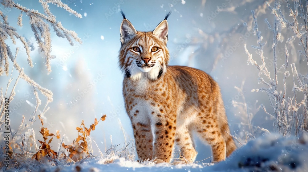 Obraz premium Majestic Lynx Standing in Winter Wonderland with Snowy Background