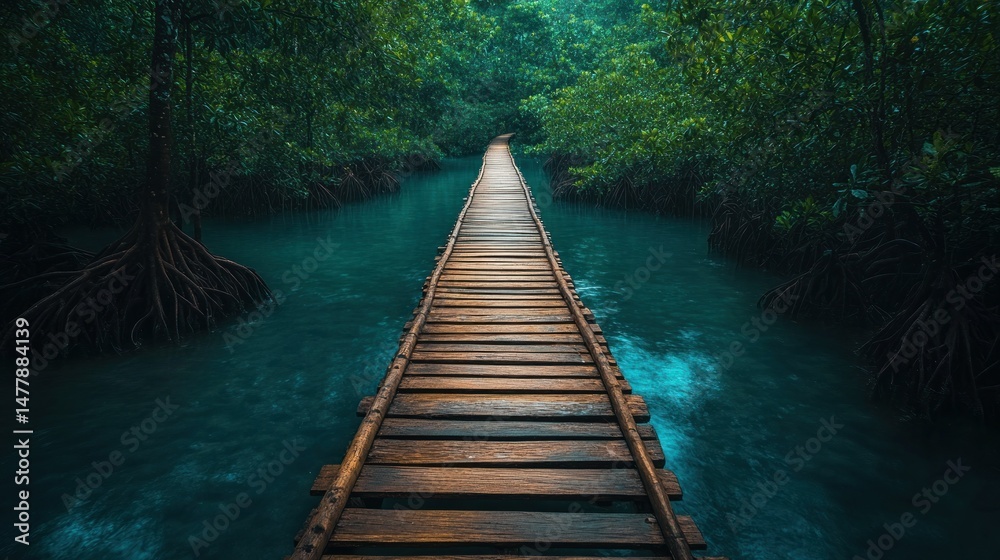 Obraz premium Tranquil wooden walkway through lush mangrove forest