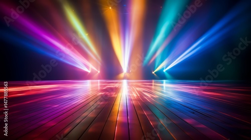 Colorful light show with a wooden floor. The lights are bright and colorful, creating a vibrant and energetic atmosphere. The scene is likely set in a dance studio or a concert venue