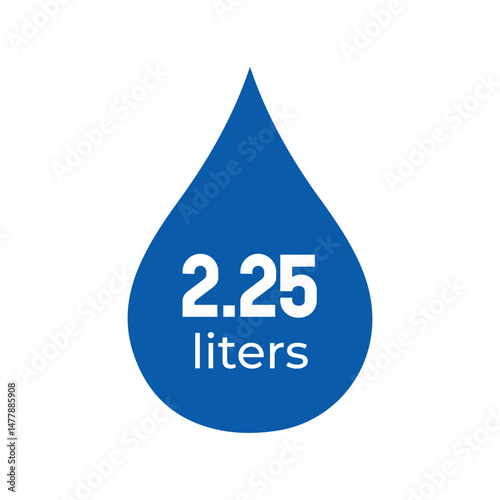 blue water drop icon showing 2.25 liters volume measurement for hydration, fluid intake, or capacity
