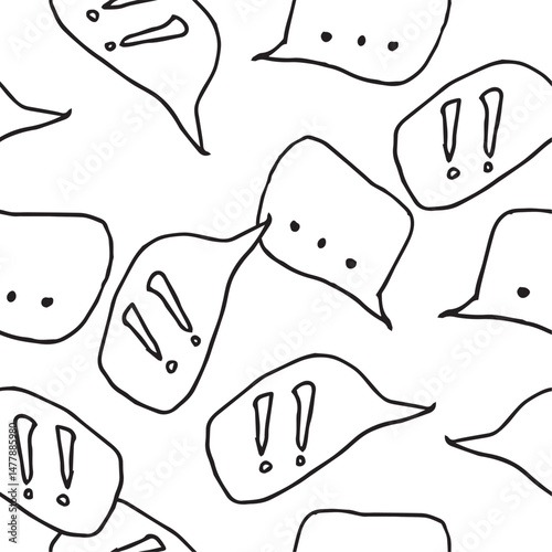 Seamless pattern with doodle-style speech bubbles. Black and white graphics with dots and exclamation marks make the design versatile for posters, packaging, notebooks, web design, and textiles.