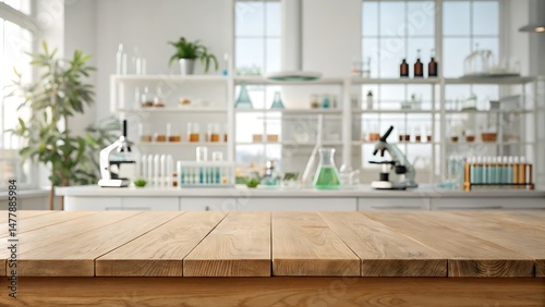 Focus on wooden table with laboratory glassware and microscope softly blurred background