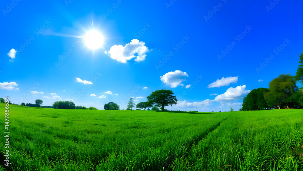 Obraz premium green field and blue sky with clouds