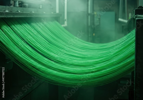 Vibrant Green Nylon Filaments Flowing Smoothly Through Industrial Machinery Creating Stunning Visuals photo