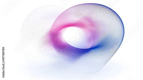 This abstract graphic displays dynamic flowing lines forming a complex curved shape with a beautiful color gradient on a clean white background.