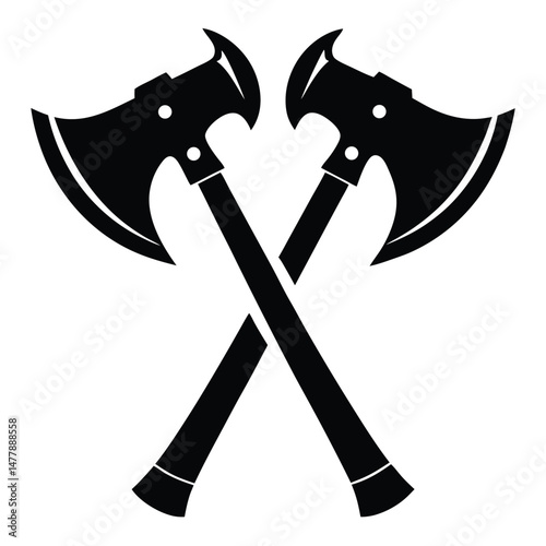 Crossed Battle Axes Black Silhouette Illustration of Medieval Weapons Symbolizing Power and Strength