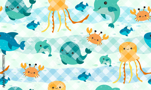 kids seamless pattern, Childish seamless pattern with underwater life. Perfect for kids bedding, fabric, wallpaper, wrapping paper, textile, t-shirt print., clothes, vector illustration, fish, check