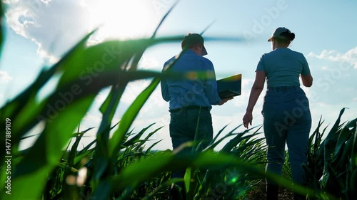 Business people man woman working together in field. Man woman farmer teamwork, partners checking corn growth analyze using laptop. Agricultural workers agronomist farmer scientist engineer control