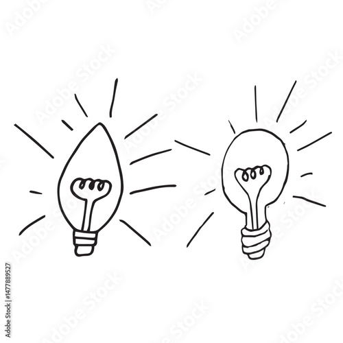 Minimalist hand-drawn illustration of glowing light bulbs in doodle style. vector set. for representing ideas, creativity, and education concepts. posters, infographics, stickers, and digital content.