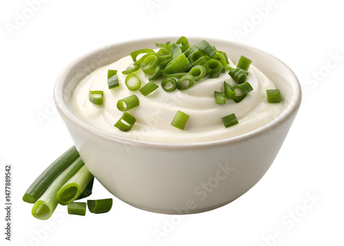Sour cream with chives in bowl isolated on white background