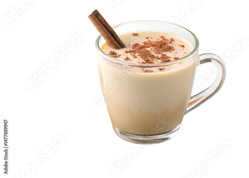 Spiced milk drink with cinnamon stick isolated on white background