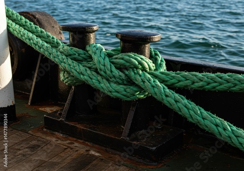 Thick green nylon rope tightly secured around dark metal bollards on a ship deck, ocean backdrop.