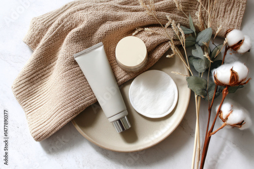 Soft textures and natural elements create a serene display of skincare products on a neutral background
