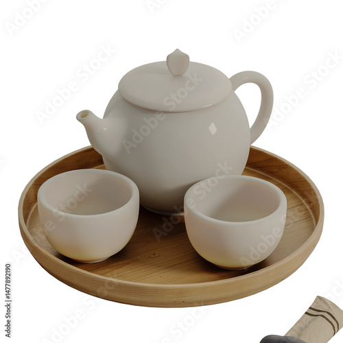 A white tea set with a teapot and three cups