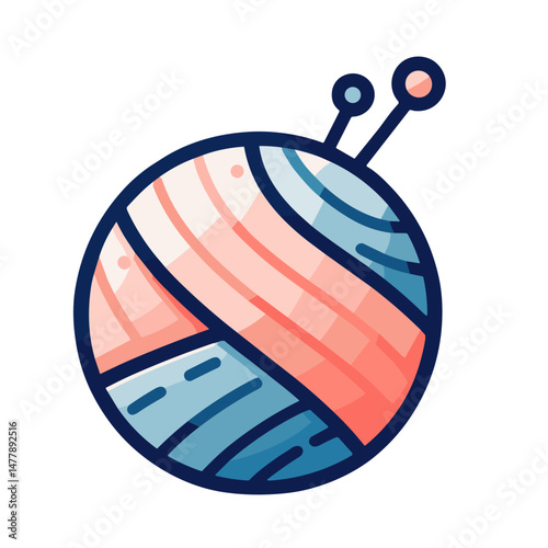 Colorful yarn ball vector icon with knitting needles on transparent background for knitting and craft concepts 
