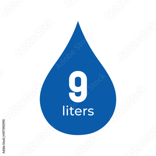 water drop icon with 9 liters text, blue color, isolated on white background, vector illustration