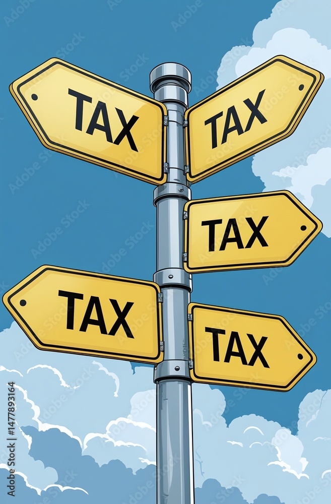Fototapeta premium Tax complexity: signpost with many arrows all pointing to tax