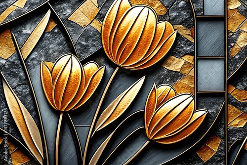 Golden tulips bloom against a textured wall creating a stunning luxurious floral display