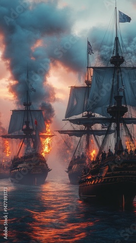 Wallpaper Mural Fiery sunset, burning ships, naval battle, ocean. Torontodigital.ca