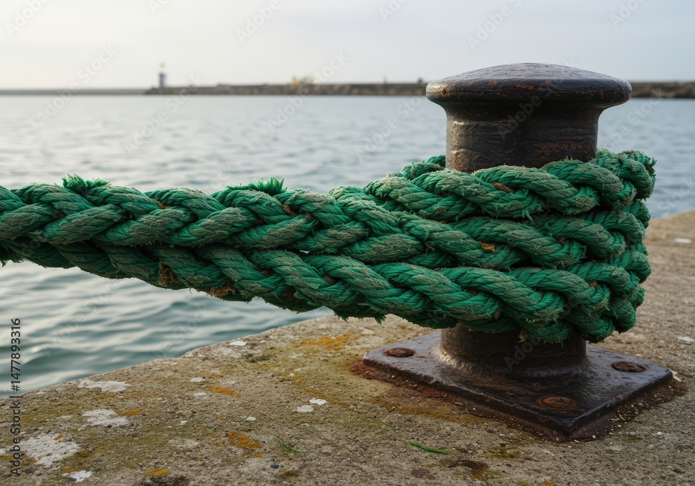 Fototapeta premium Thick green nylon mooring line secured tightly around a weathered bollard at a harbor. Calm waters, distant shore.