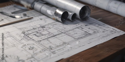 Close-up of blueprints & metal samples on a desk, engineering, quality, factory