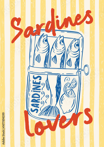 Whimsical poster a hand-drawn sardine in doodle sketch style, Mediterranean summer vacation vibes. The design of coastal life, perfect for wall art, poster or placard in chalk charcoal style drawings.