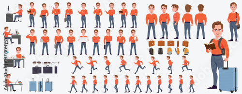 Man Character design. Front, side, back view and explainer animation poses. Character set with lip sync and facial expressions of Happy, angry, sad, Joy with Side walk cycle animation sequence sprite 