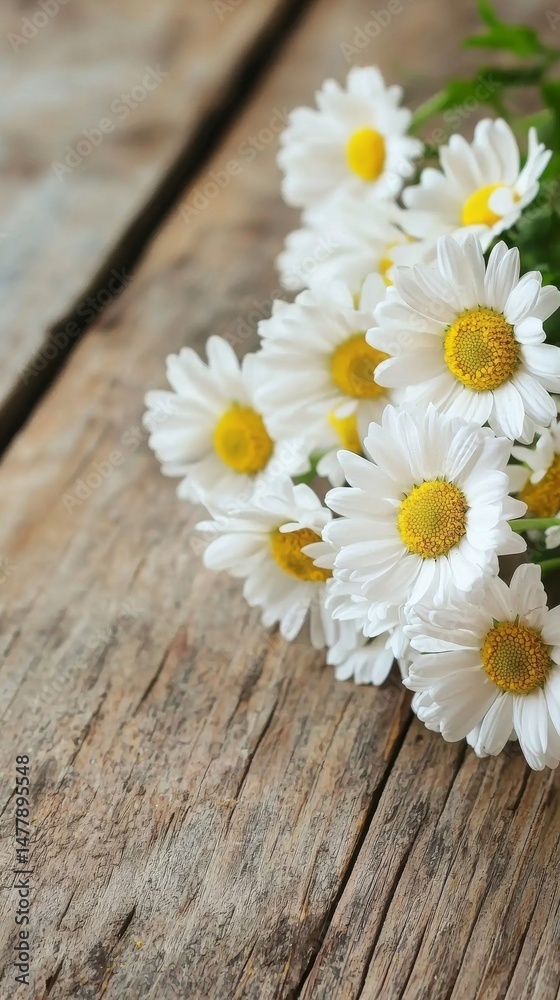 Obraz premium A charming bouquet of freshly cut white daisy flowers with vibrant yellow centers rests delicately on a rustic textured wooden table surface.