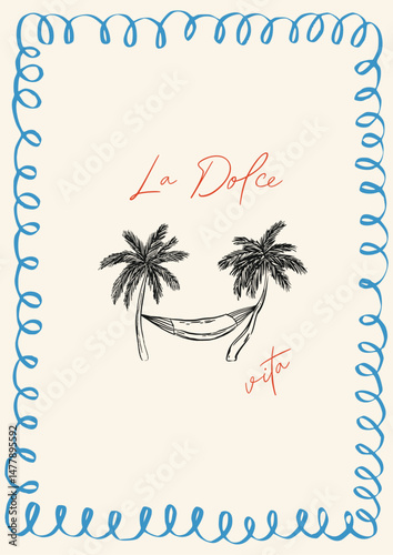 Italian Amalfi-style vacation illustration palm trees and a hammock, hand-drawn in ink line doodle sketch style.