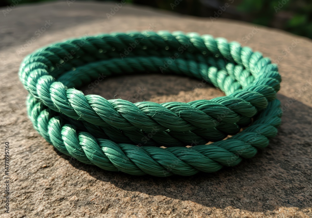 Fototapeta premium Emerald Green Twisted Rope Coil, a Closeup View. Thick Strands, Nautical Feel. Textured Surface, Outdoor Setting.
