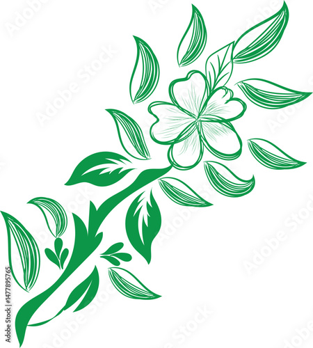 Elegant Green Floral Branch Design with Delicate Flower and Leaves Illustration