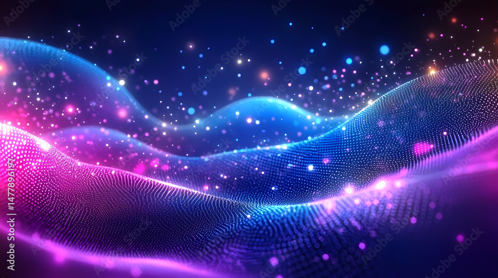 Fototapeta premium Abstract background of a blue and purple gradient with wavy dotted patterns, ideal for digital designs and wallpapers. Abstract futuristic blue and pink wave with moving dots.