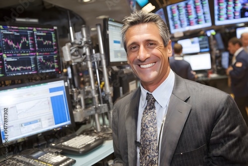 Wall Street Trader at Work: A focused and poised trader stands amid the dynamic hub of the trading floor, representing the essence of the fast-paced financial world. photo