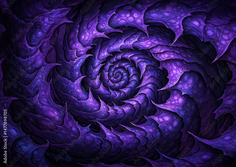 Obraz premium An intricate and dark purple textured abstract spiral with sharp spiked edges creates an intense and mysterious organic pattern.