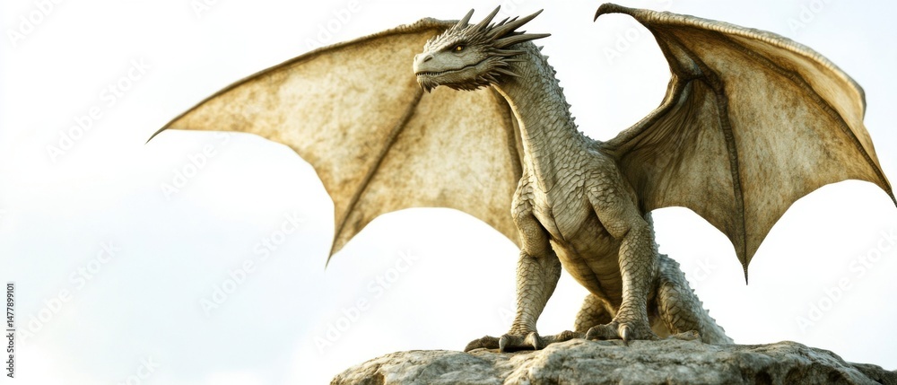 Fototapeta premium Magnificent Dragon Perched on Rocky Outcrop Fantasy Creature Concept Art Digital Illustration Low Angle View Against Bright Sky