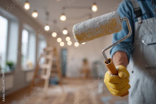 Close-up of a painter holding a paint roller covered in white paint, ready to apply a fresh coat in a bright and airy interior room with soft lighting.