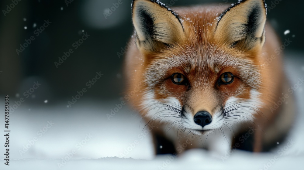 Fototapeta premium A red fox walking through a snowy landscape with a focused gaze