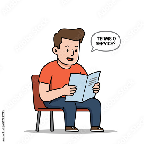 Young man reading terms of service with a curious expression while sitting on a chair