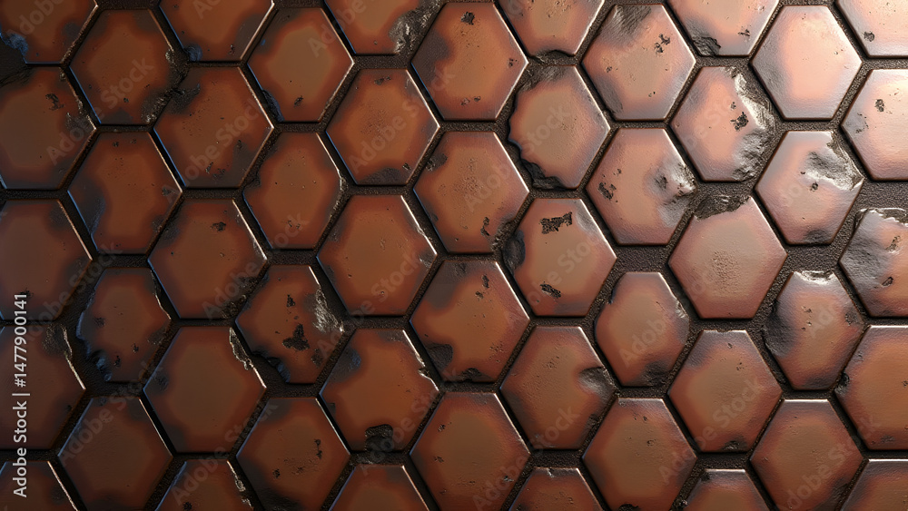 Fototapeta premium Hexagonal porcelain tile with aged rust effect, industrial vintage texture, seamless oxidized metal design, neutral lighting, HD backdrop.