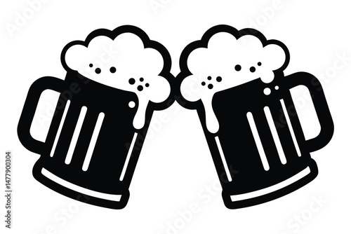 Two Frothy Beer Mugs Toasting, Black and White Celebration Icon Graphic