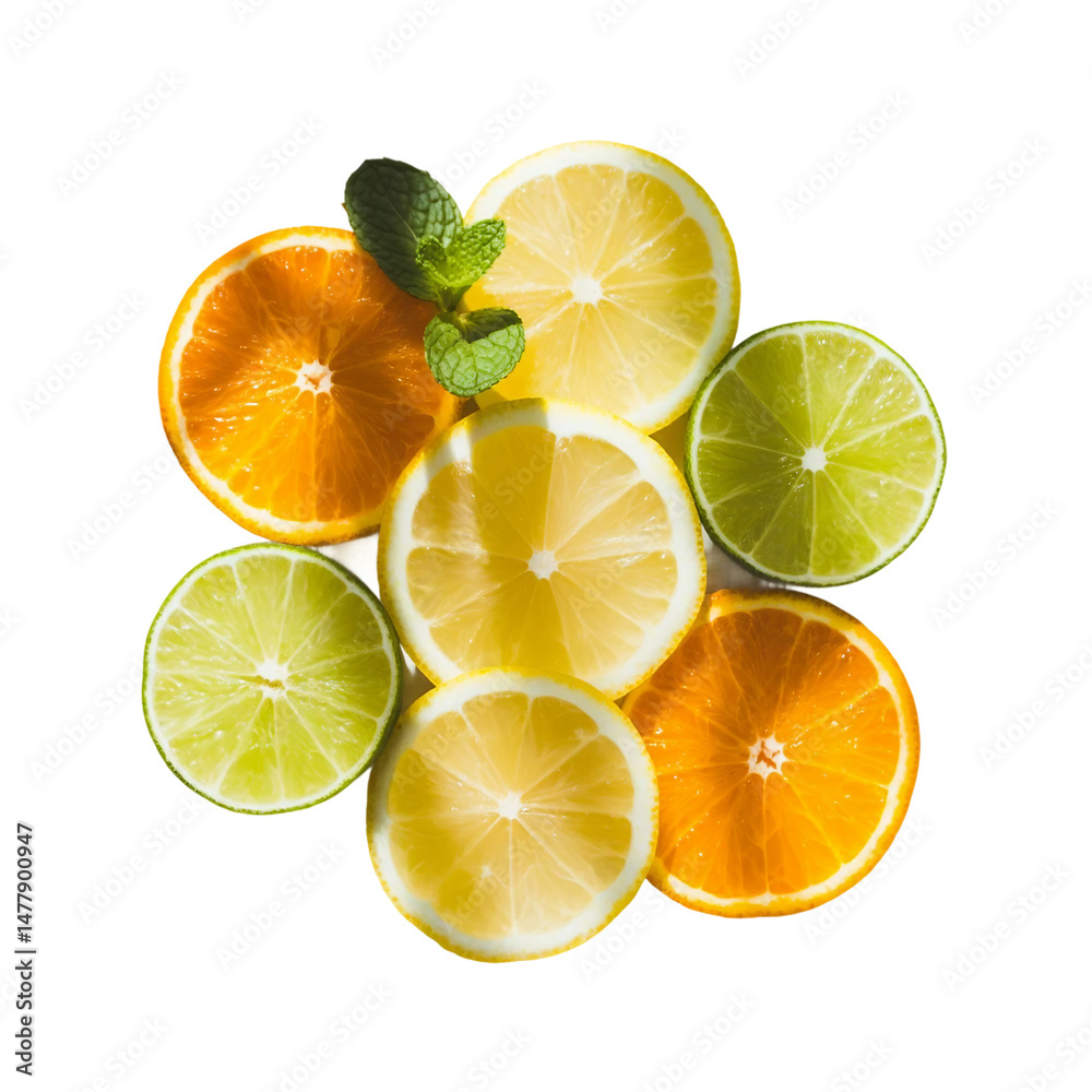 Obraz premium Citrus mix, orange, lime and lemon slices isolated on white background
