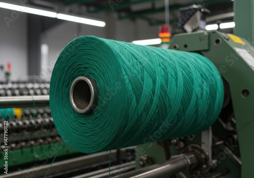 Emerald Green Nylon Yarn Wound Tightly On Large Industrial Bobbin In Factory Setting photo
