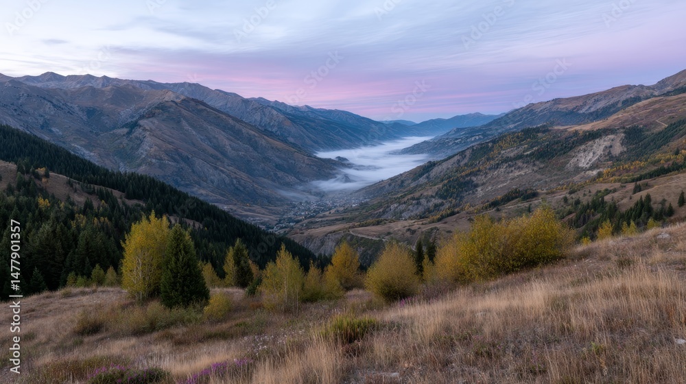 Obraz premium Golden trees emerge from the valleys as the sun rises, casting warm light over autumn mountains and into the morning haze that blankets the landscape