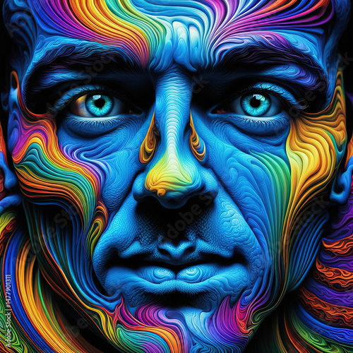 A distorted man mask, a spiral of bright colors, curved lines, continuous movement vortices, and kaleidoscopic irises