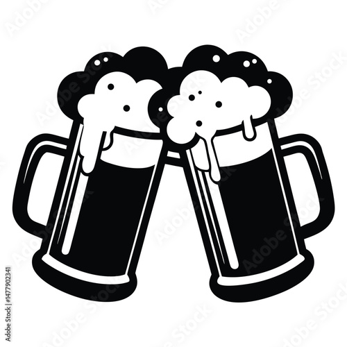 Two Black Beer Mugs Toasting with Frothy Foam in a Bold Graphic Style