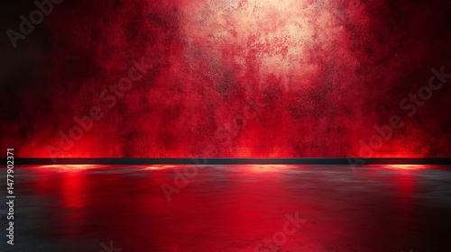 Abstract red grunge wall and floor interior background with reflections dark space texture