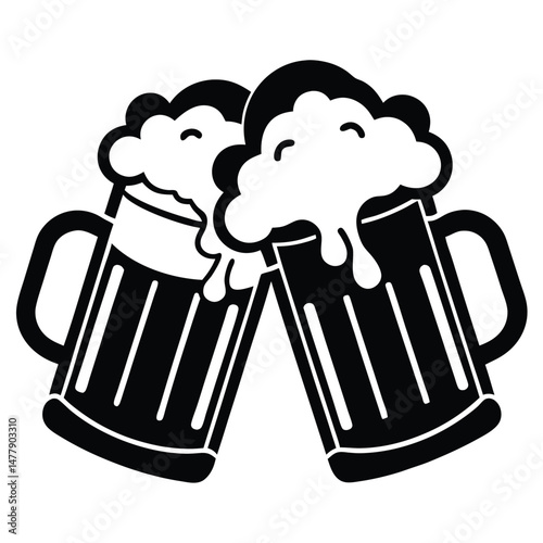 Two Black Beer Mugs Toasting with Foam, Celebration Icon, Clinking Glasses