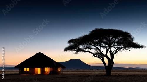 A thatched-roof hut in an African savanna setting