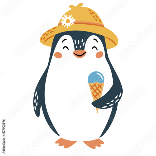 Flat vector illustration in a simple children's style. Cute penguin in a hat holding ice cream on white background . Vector illustration